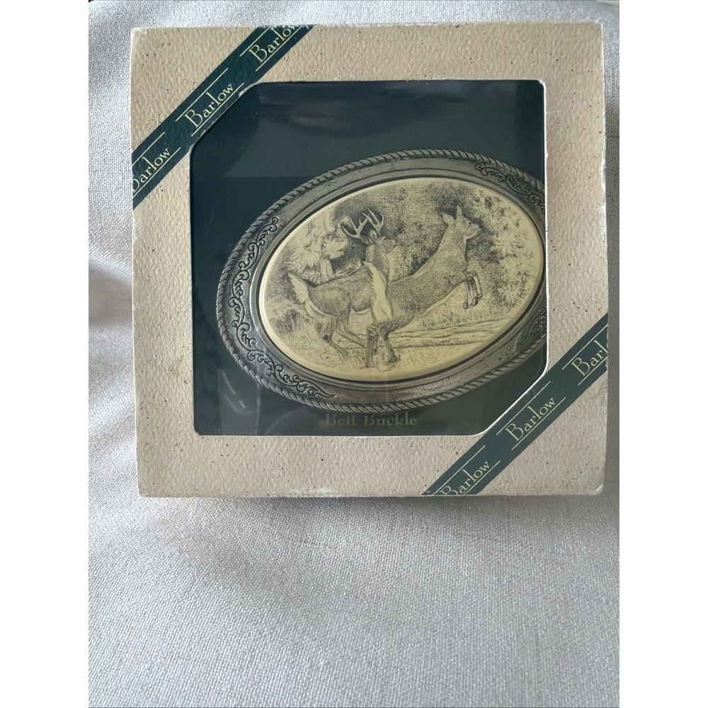 Vintage NIB BARLOW Belt Buckle Scrimshaw Jump Deer Silver 4" Oval USA